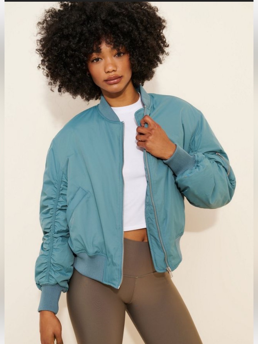BDG Teal‑Blue Charlie barrel sleeve Bomber Jacket L NWOT